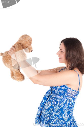 Image of Portrait of pretty pregnant woman with toy