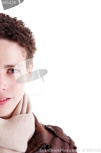 Image of half face of portrait of a handsome young man,with winter clothes