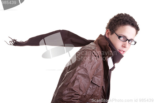 Image of Portrait of handsome young man, with scarf fluttering