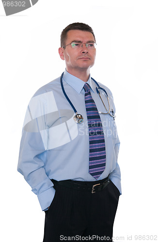 Image of Confident, relaxed doctor looks to future