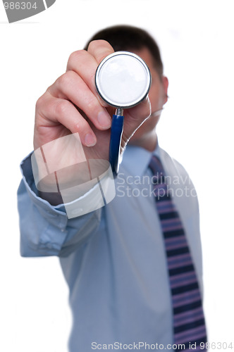 Image of Doctor points stethoscope at camera