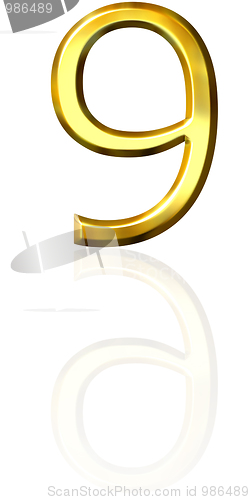 Image of 3d golden number 9 with reflection
