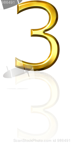Image of 3d golden number 3 with reflection