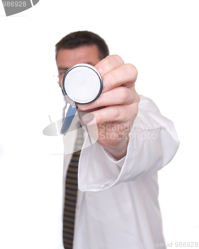 Image of Sharply-focused stethoscope pointed by doctor