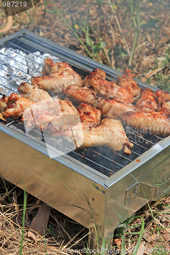 Image of BBQ. Close up photo of cooking meet on the open fire