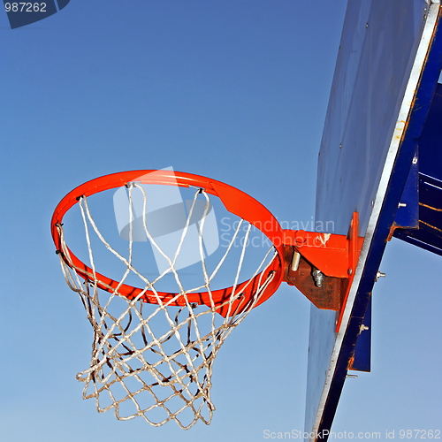 Image of Basketball hoop against a blue sky.