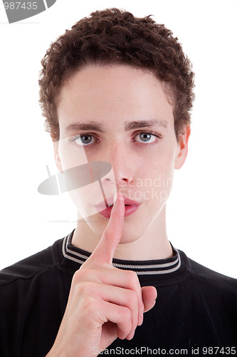 Image of cute young man, asking for silence