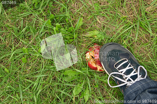 Image of Man's foot crushing a red apple