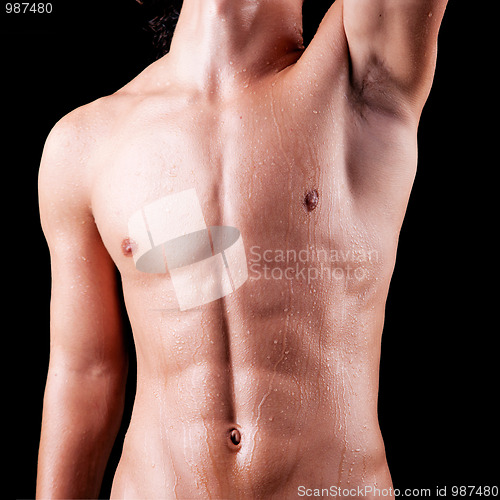 Image of torso of a sweat man in topless