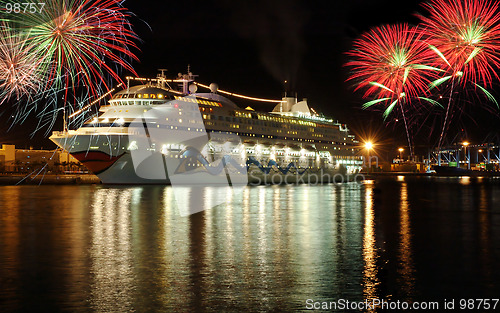 Image of Cruise boat at night with fireworks