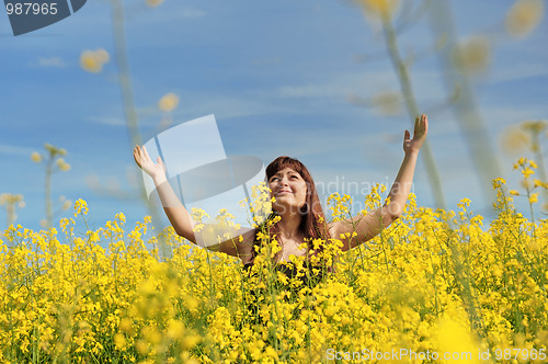 Image of Happy girl in flower meadow.