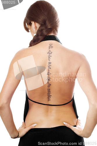 Image of Young woman with a tattoo on her back