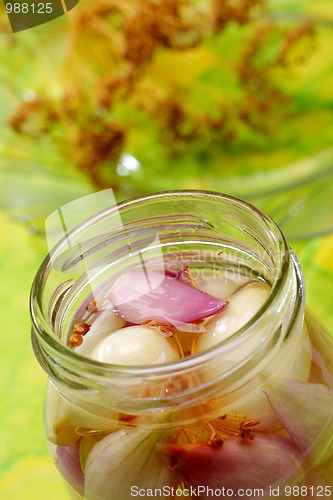 Image of Red and white onions in jar