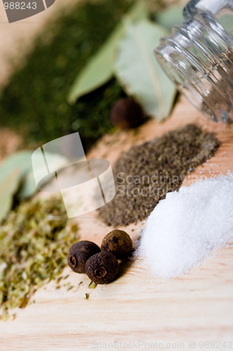 Image of spices: pepper, salt and herbs