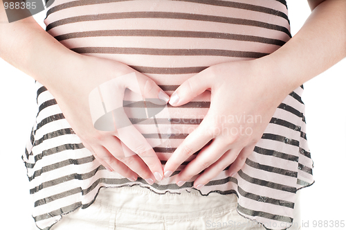 Image of Pregnant woman hands in form of heart sign