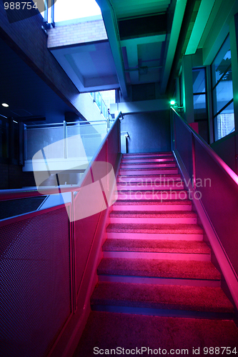 Image of Stairs with colorful lighting 