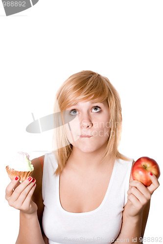 Image of woman with cake and apple