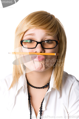 Image of young businesswoman with pencil 