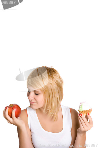 Image of young woman with cake and apple