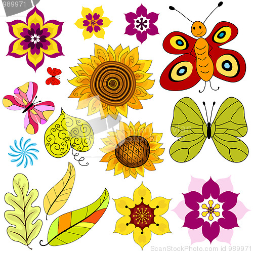 Image of Set decorative  isolated flowers and  butterflies