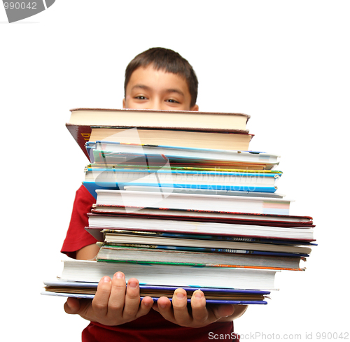 Image of asian boy with stack of books