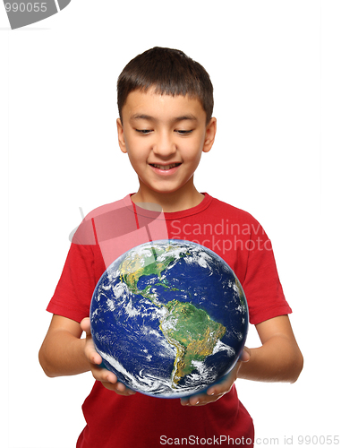 Image of asian boy holding earth palnet