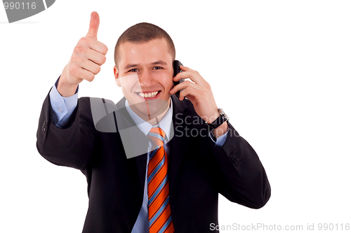 Image of man showing thumb up on phone