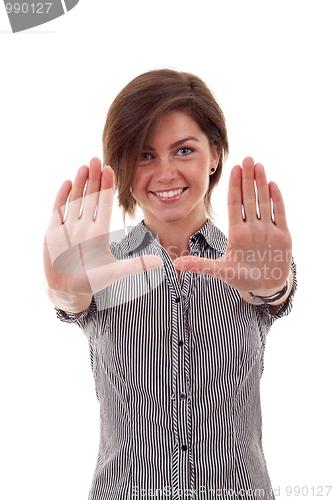 Image of business woman making hands frame