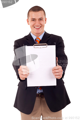 Image of  man holding a blank clipboard