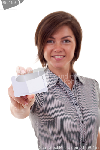 Image of business woman holding card