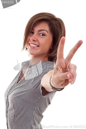 Image of woman making the victory sign