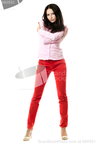 Image of Attractive young brunette in pink shirt