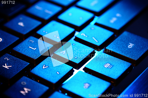 Image of blue keyboard of the personal computer 