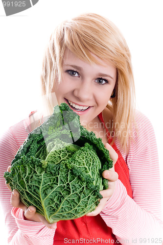 Image of beautiful woman with fresh savoy cabbage