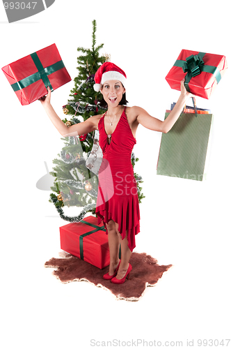 Image of Happy woman with Christmas presents