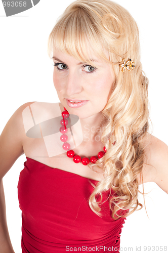 Image of Portrait of beautiful woman in red