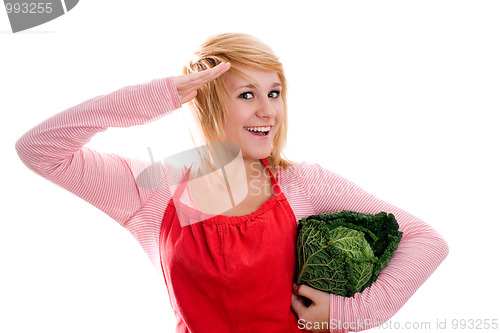 Image of beautiful woman with fresh savoy cabbage