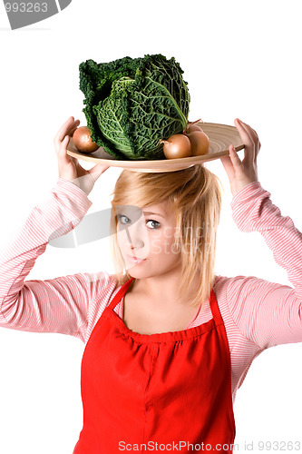 Image of young beautiful woman with fresh savoy cabbage 
