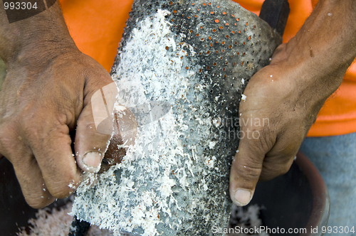 Image of native man grating coconut