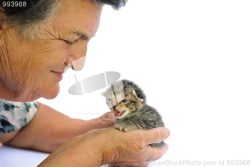 Image of Senior woman holding kitten