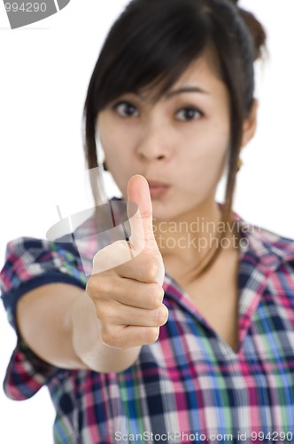 Image of woman with one thumb up