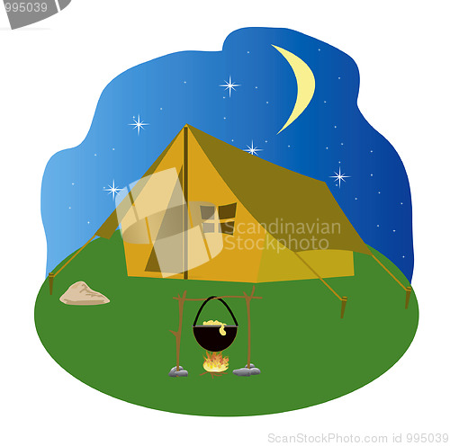 Image of Tent costing meadow and campfire