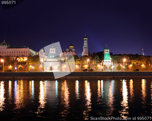 Image of kremlin from river at night in Moscow