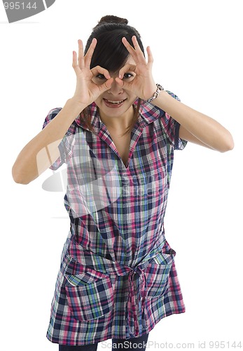 Image of woman pretending to wear glasses