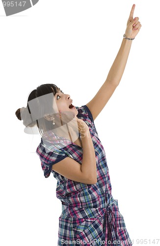 Image of woman pointing up at something