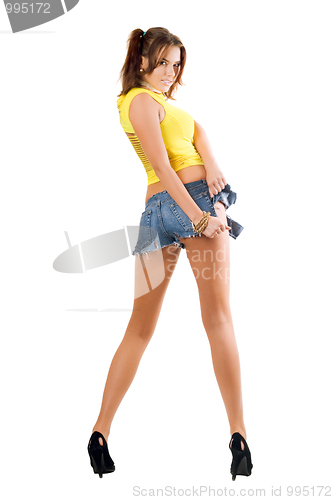 Image of playful woman rending shorts