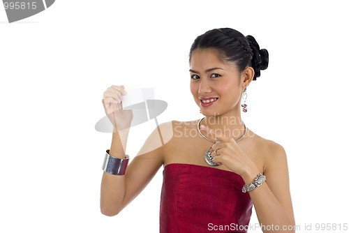 Image of asian woman with blank business card