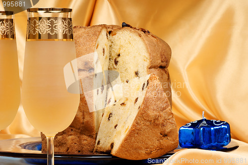 Image of Italian Christmas composition with panettone and spumante