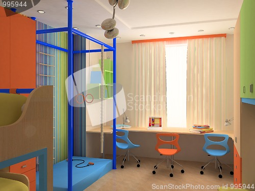 Image of Corner of Child`s bedroom with colorful furniture