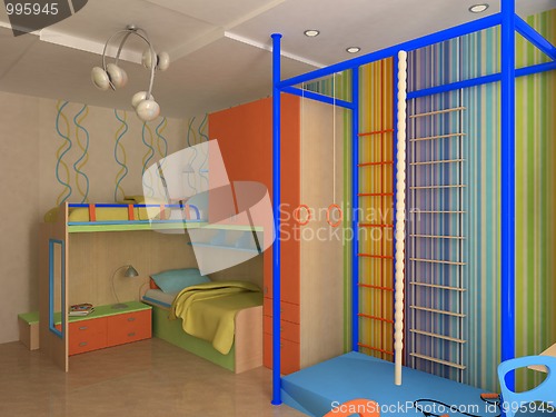 Image of Corner of Child`s bedroom with colorful furniture